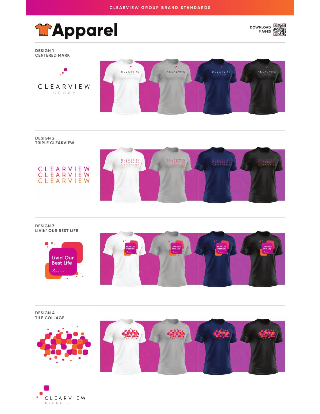 Apparel sheet showing four Clearview Group shirt designs across white, grey, navy, and black shirts