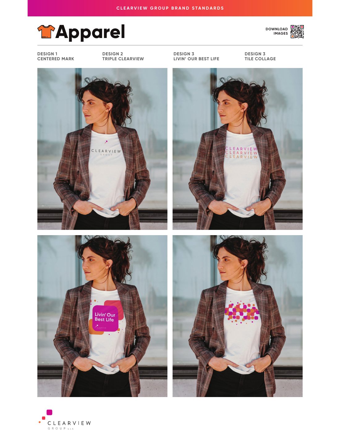 Lifestyle mockups showing each of the four Clearview Group designs worn on a white shirt
