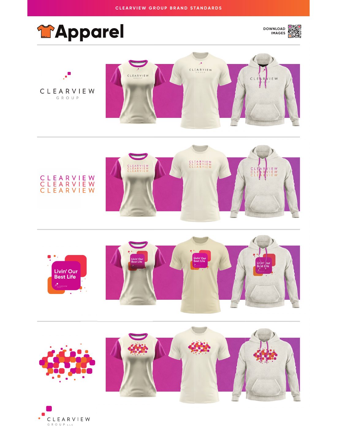 Extended apparel range showing the four designs on a women's tee, men's tee, and hoodie
