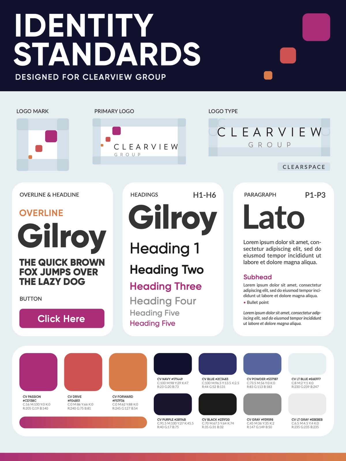Identity standards sheet designed for Clearview Group, showing the logo mark, clearspace rules, Gilroy and Lato typography, and the full color palette