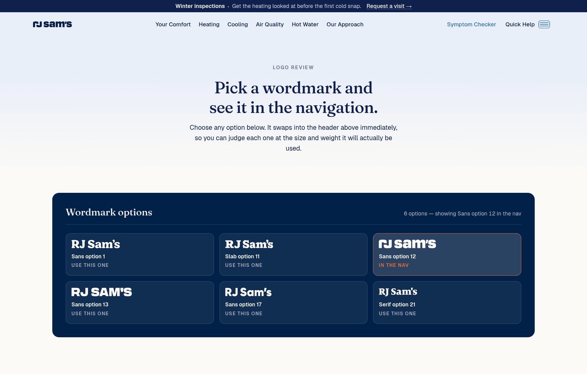 The RJ Sam's logo review page, showing six wordmark options that swap into the live site header